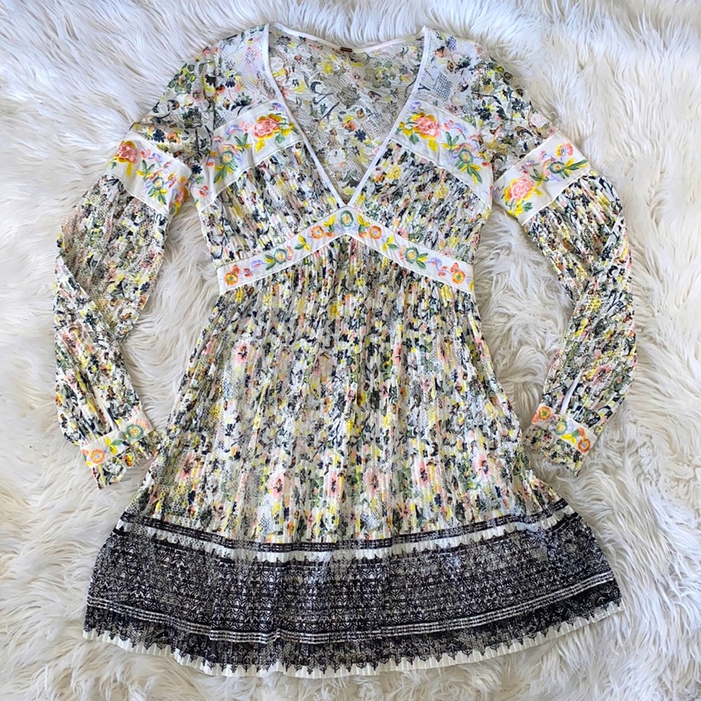 Free People • Cherry Blossom Mini Dress May Queen Pleated Lace Dress - Picture 4 of 15